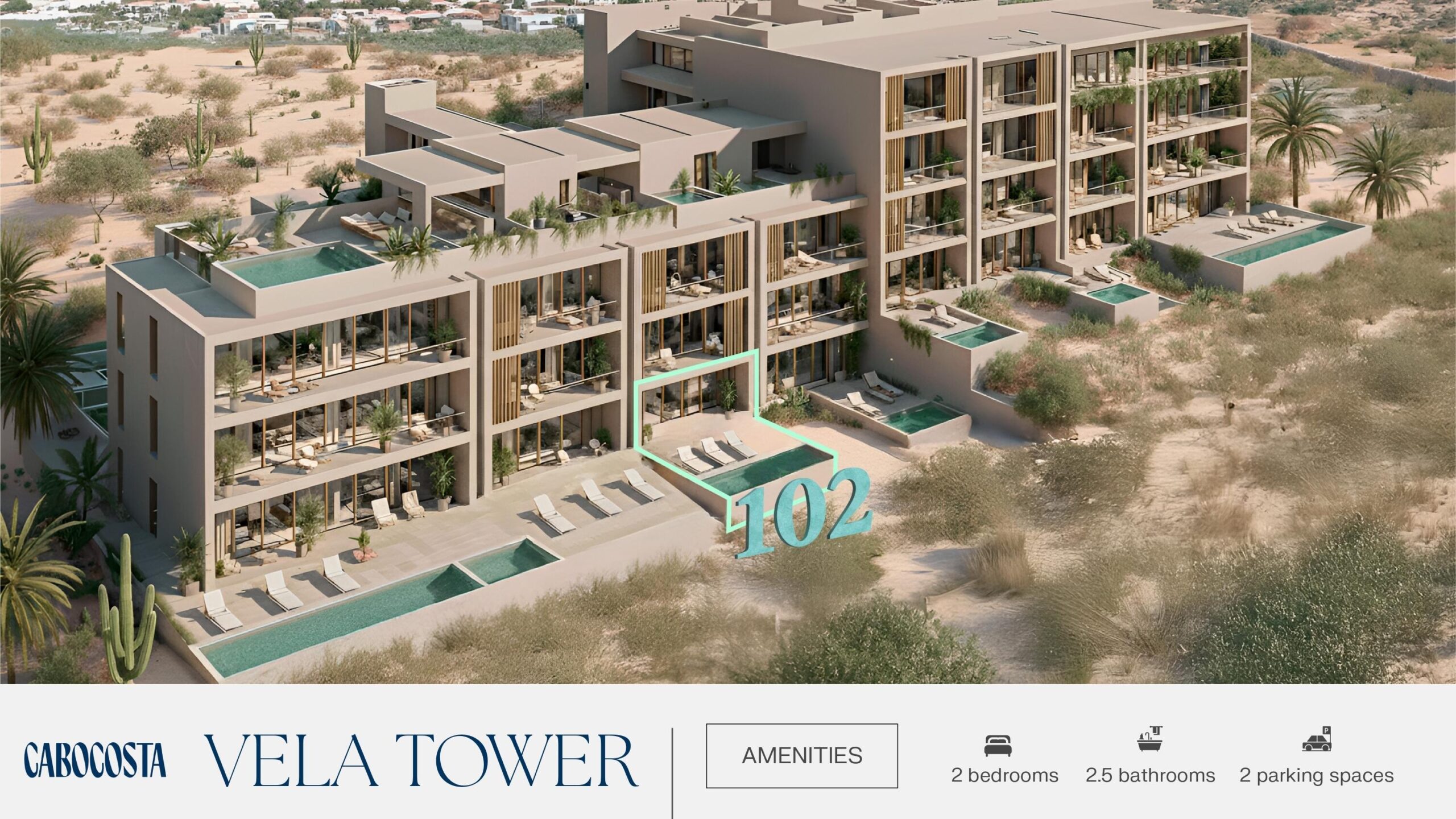 Los Cabos Santarena Santarena is a refined boutique community located on the ocean side of Cerro Colorado in San José del Cabo, just moments from the iconic Palmilla Beach, along with highly regarded schools, hospitals, and everyday conveniences. This exceptional setting brings together the essence of Baja living—natural surroundings, comfort, and sophistication—at a price point that remains remarkably compelling.This corner residence offers two bedrooms, two full bathrooms, and a private terrace, providing added privacy, abundant natural light, and an open connection to the surrounding landscape. Thoughtfully designed for both comfort and style, the residence features an open-concept layout, premium materials, and seamless indoor-outdoor living.Expansive floor-to-ceiling windows fill each Santarena Santarena offers resort-style amenities including an infinity pool, fitness center, sauna, jacuzzi, lounge areas, on-site restaurant, Zen garden, concierge services, underground parking, controlled access, and full CCTV security. With over 60% sold, opportunities are moving quickly. for sale