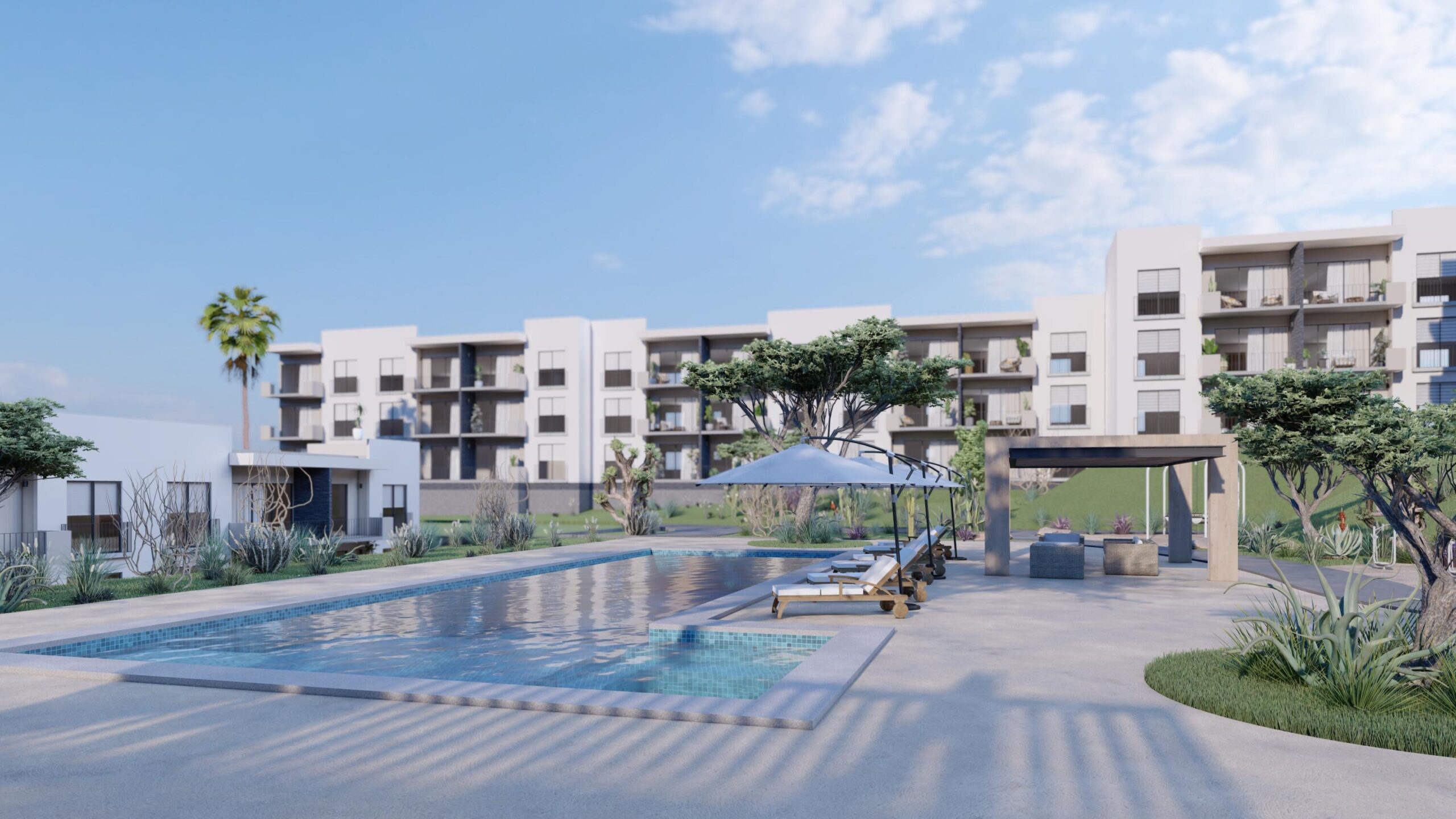 Los Cabos Punto Nima Punto Nima, is a residential development, designed and constructed, by Central de Arquitectura and Fortem Capital. Inspired by the location of the site and context of San Jose, the building is designed with a modern functional spaces with style and natural materials that coexist with the characteristic nature of San Jose. This residential building is designed with diverse amenities of the highest quality, such as a fully equipped gym, pickleball court, rooftop pool with amazing for sale