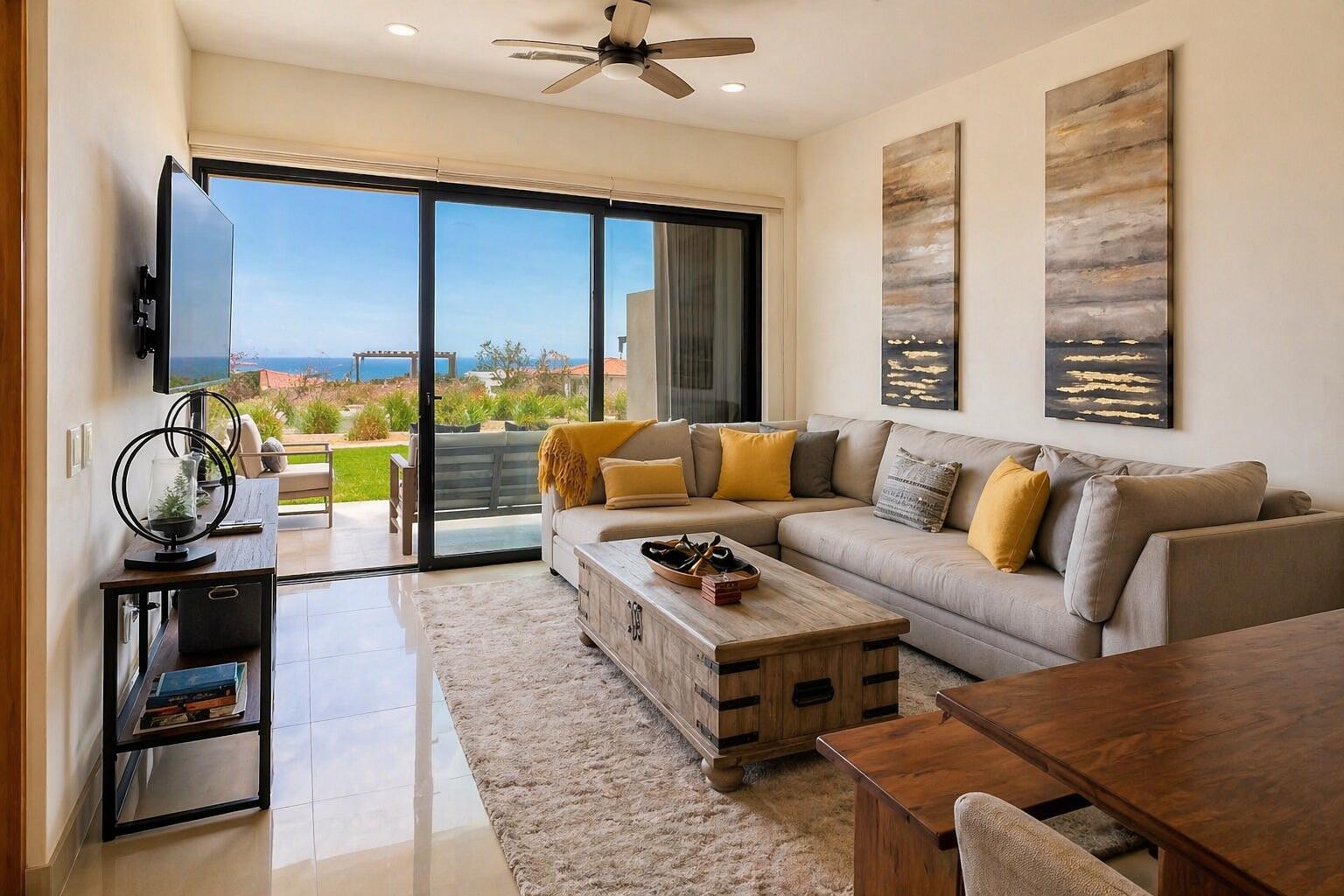 Los Cabos Cora Turnkey and beautifully furnished, CORA Sunrise D202 offers effortless luxury living in the highly sought-after Club Campestre community of San José del Cabo. This 3-bedroom, 3.5-bath residence showcases a bright open-concept design with a modern kitchen, oversized island, and spacious living and dining areas that flow seamlessly onto a large private terrace through floor-to-ceiling sliding glass doors--perfect for indoor-outdoor entertaining.Each bedroom is thoughtfully designed for comfort and privacy, complemented by contemporary finishes and stylish bathrooms throughout. Expansive outdoor living spaces invite you to relax and enjoy the serene surroundings.Residents of CORA Sunrise enjoy resort-style amenities, including a pool, fitness center, jacuzzi, kids' area, and 24/7 gated s rity. Ideally located just minutes from world-class golf, pristine beaches, dining, and the vibrant Art District, this property is perfect as a full-time residence, vacation getaway, or investment opportunity. for sale