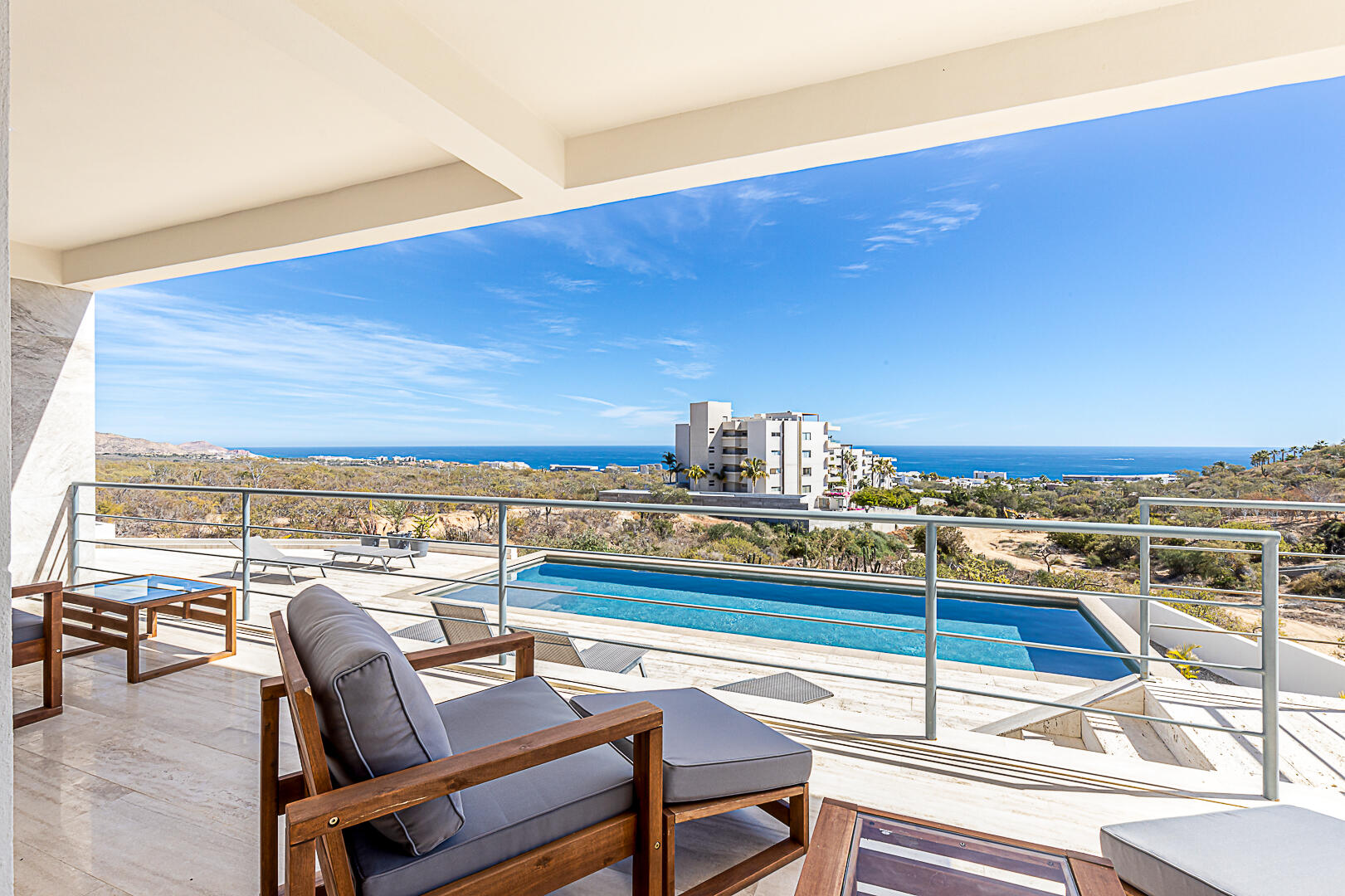 Los Cabos La Jolla Much desired beach front complex with two salt water pools. One pool heated. Lovely gardens, well maintained. Condo is on the second floor with a wrap around terrace overlooking the white sand beach of Costa Azul. It is Very High demand for sale