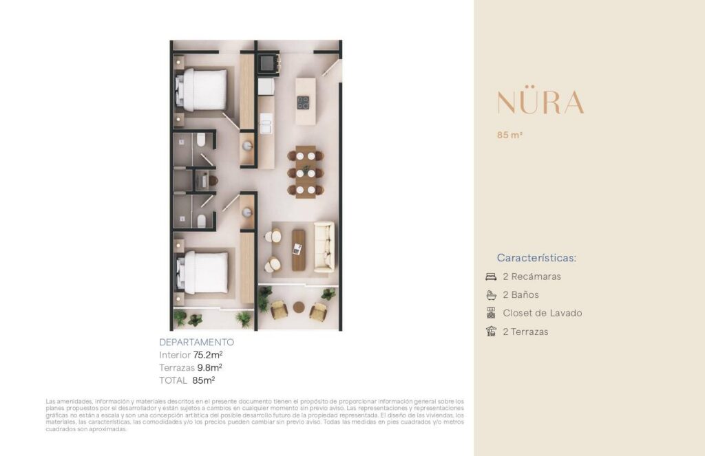 Los Cabos Nahara Cabo Living Discover this exclusive 2-bedroom residence at Nahara Cabo Living. Offering 85 m² total, including 75.2 m² of interior living space and 9.8 m² of terraces, this thoughtfully designed unit features a functional layout, abundant natural light, two private terraces, a laundry closet, elevator access, and high-end finishes throughout.Residents enjoy resort-style amenities including a clubhouse with gym, hotel-style guest suites, swimming pools, paddle and pickleball courts, fire pit areas, panoramic – NURA NAHARA CABO LIVING, Cabo Corridor, Cabo Corridor, BS