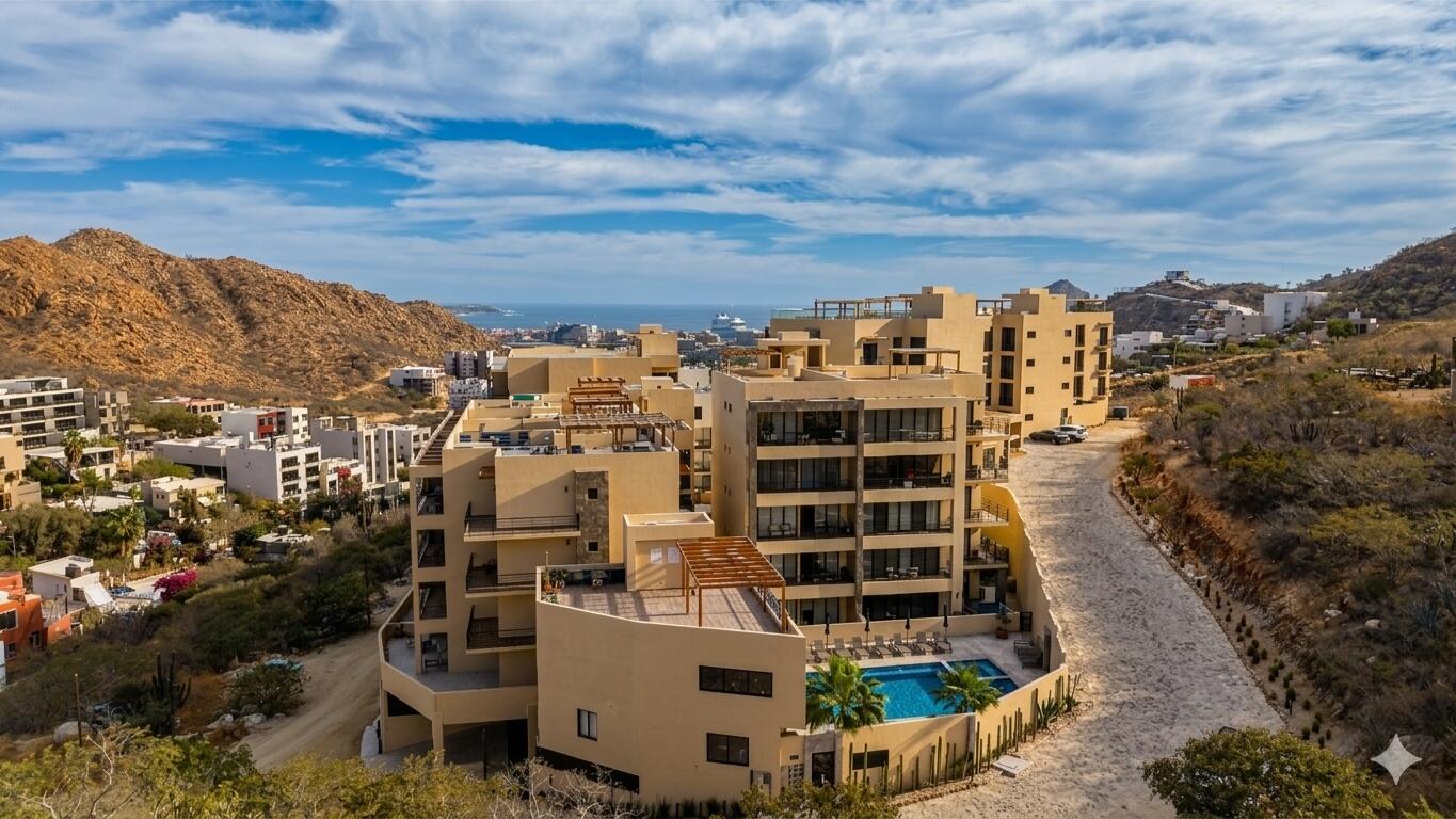 Los Cabos Vista Mare Condo for sale at Vista Mare in Cabo San Lucas, located on the ground floor and ready for delivery. This unit offers 128.03 m² total, distributed in 97.65 m² of interior space and 30.38 m² of terraces, providing comfortable and functional living areas. It features 2 bedrooms, 2 full bathrooms, living room, dining area, equipped kitchen, air conditioning, and a pleasant private patio, ideal for enjoying an exclusive outdoor space. It also includes 1 underground parking space. The development offers amenities such as a gym, 2 swimming pools, jacuzzi, and firepit, perfect for enjoying the Los Cabos lifestyle. An excellent option to live in, vacation, or invest in a high-demand real estate area. – 3757 Blvd. Constituyentes, Cabo San Lucas, BS